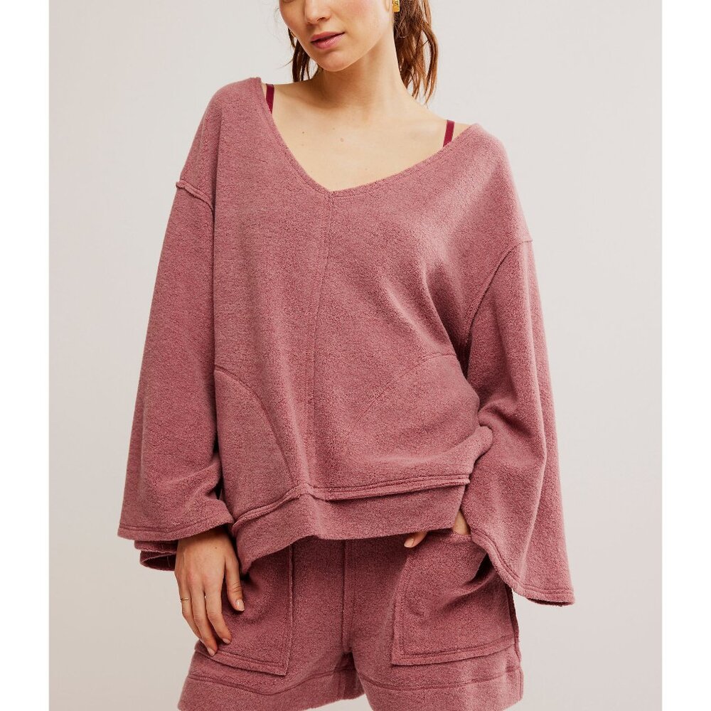 Free People Cozy V-Neck Pullover Sweatshirt in Dusty Rose